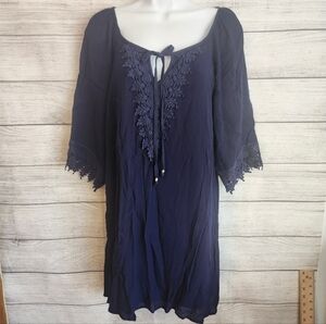 Naif Petite Small Navy Boho Tunic Dress Lace Trim Bell Sleeve